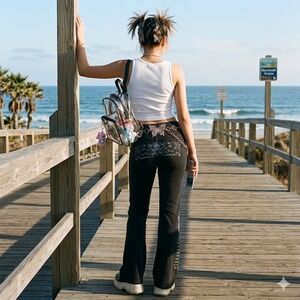 Beautiful Disaster Y2K Black Foldover Flare Pant Grunge Dark Emo Punk Yoga MED